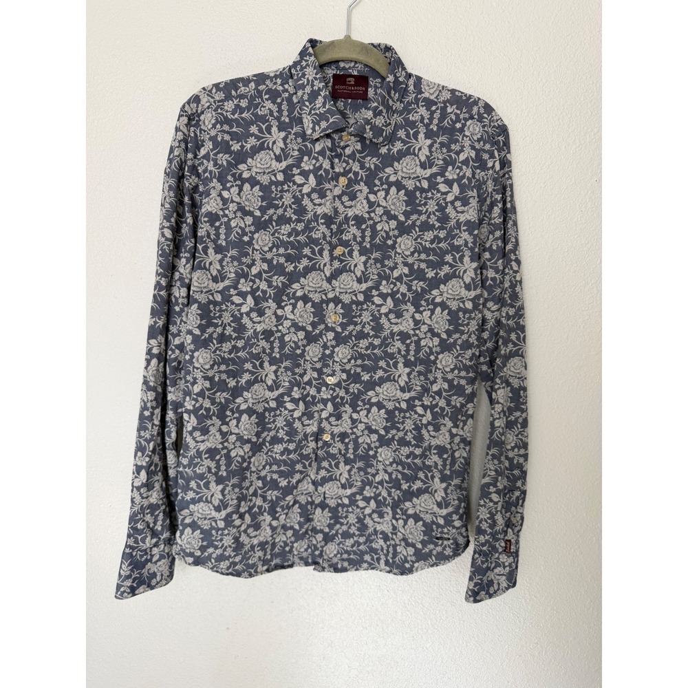 Scotch & Soda Mens Floral Button Down Shirt Blue White Amsterdam Couture Large